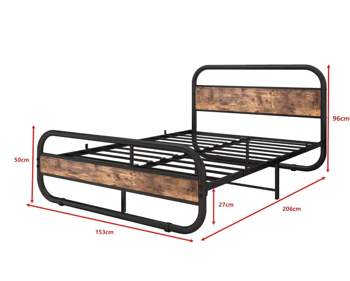 King Size Bed Metal Platform Bed Frame with Wood H - Image 2