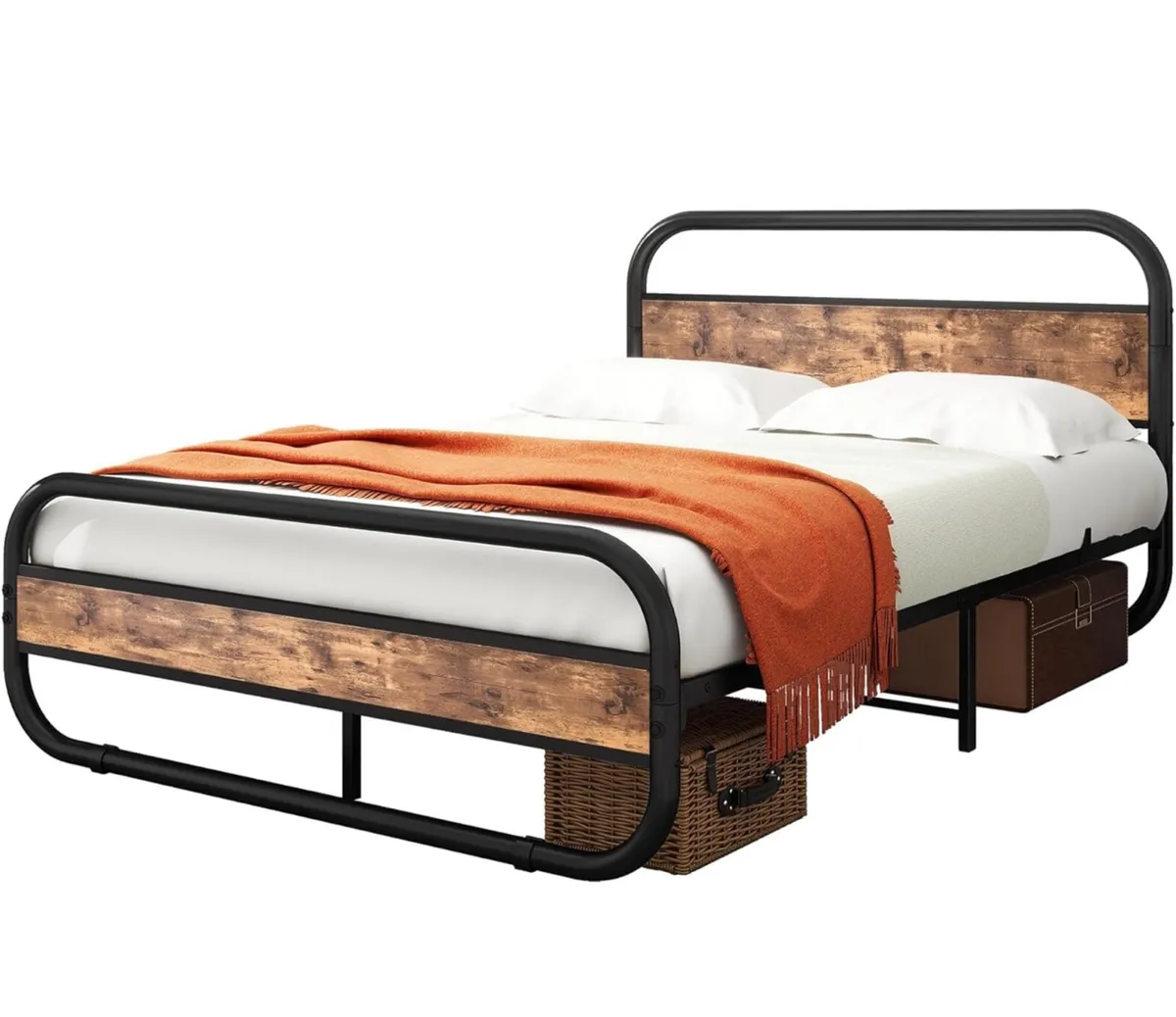 King Size Bed Metal Platform Bed Frame with Wood H - Image 4