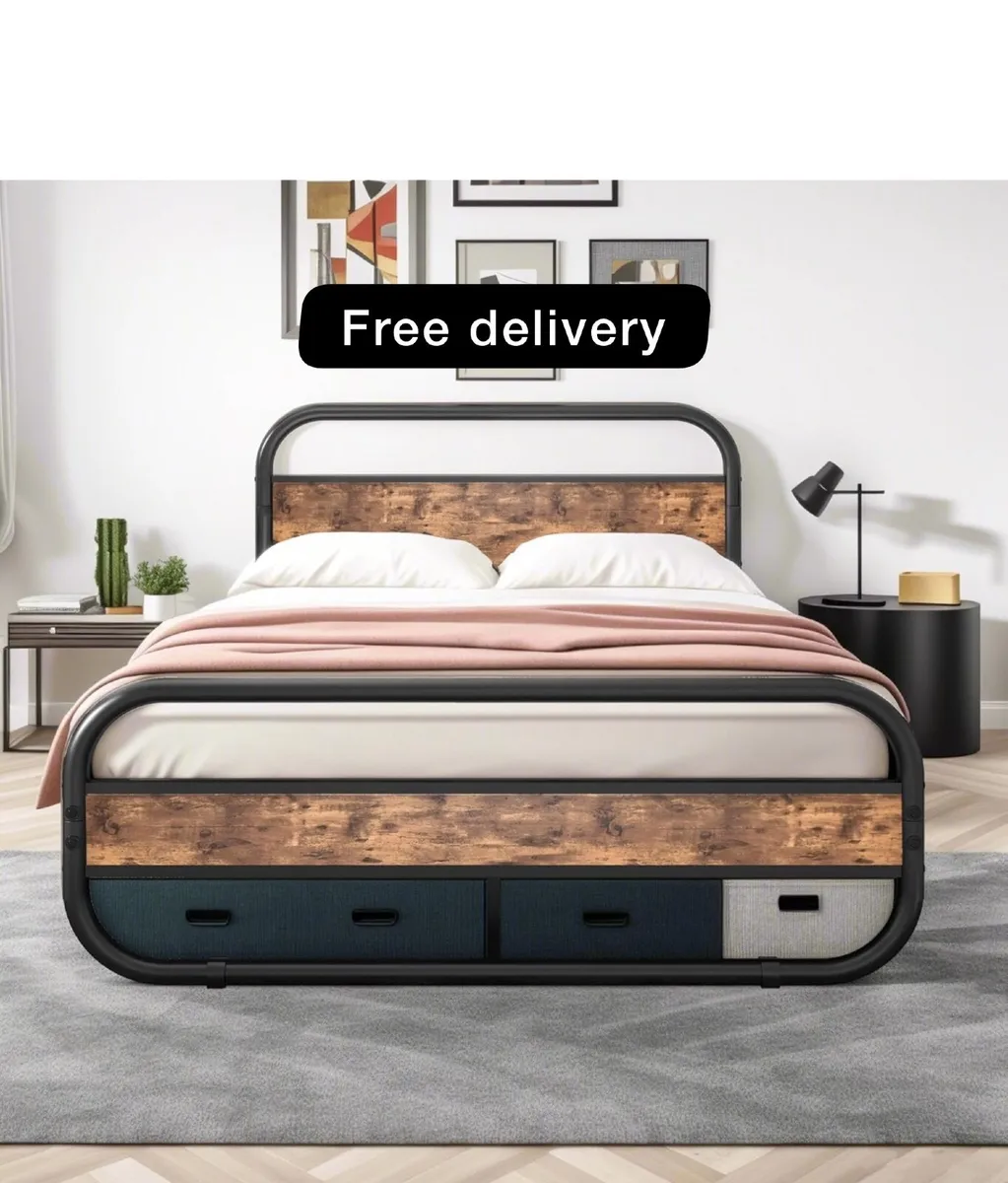King Size Bed Metal Platform Bed Frame with Wood H - Image 1