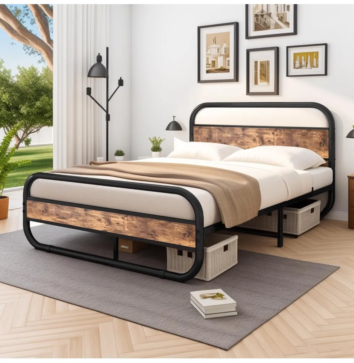 King Size Bed Metal Platform Bed Frame with Wood H - Image 1