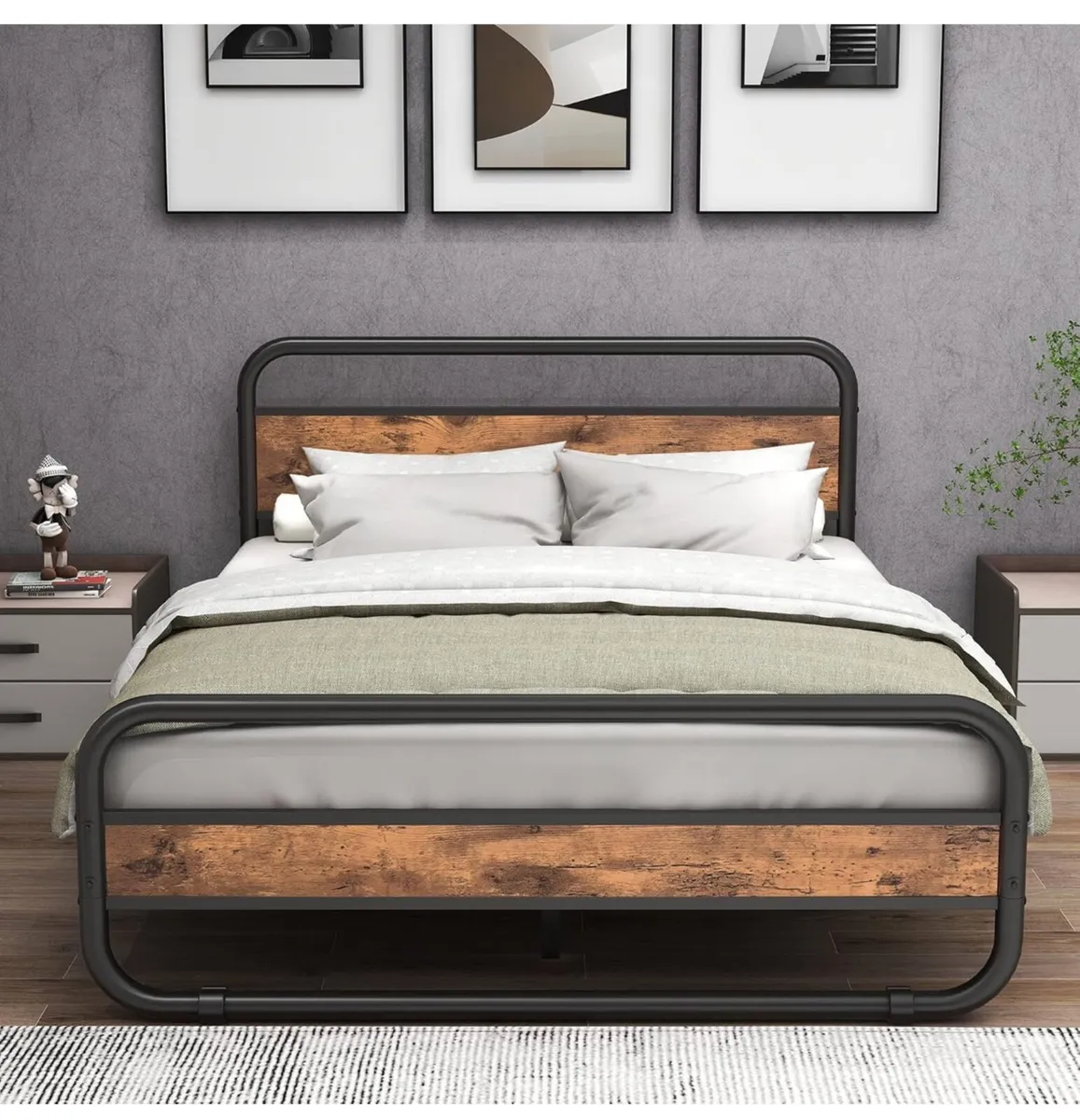 King Size Bed Metal Platform Bed Frame with Wood H - Image 2