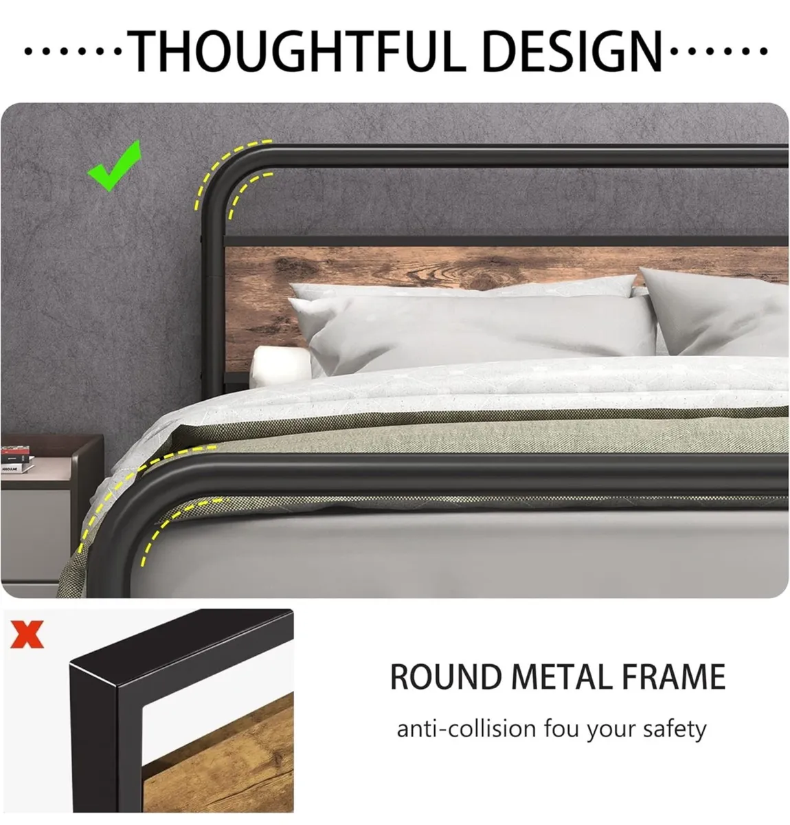King Size Bed Metal Platform Bed Frame with Wood H - Image 4