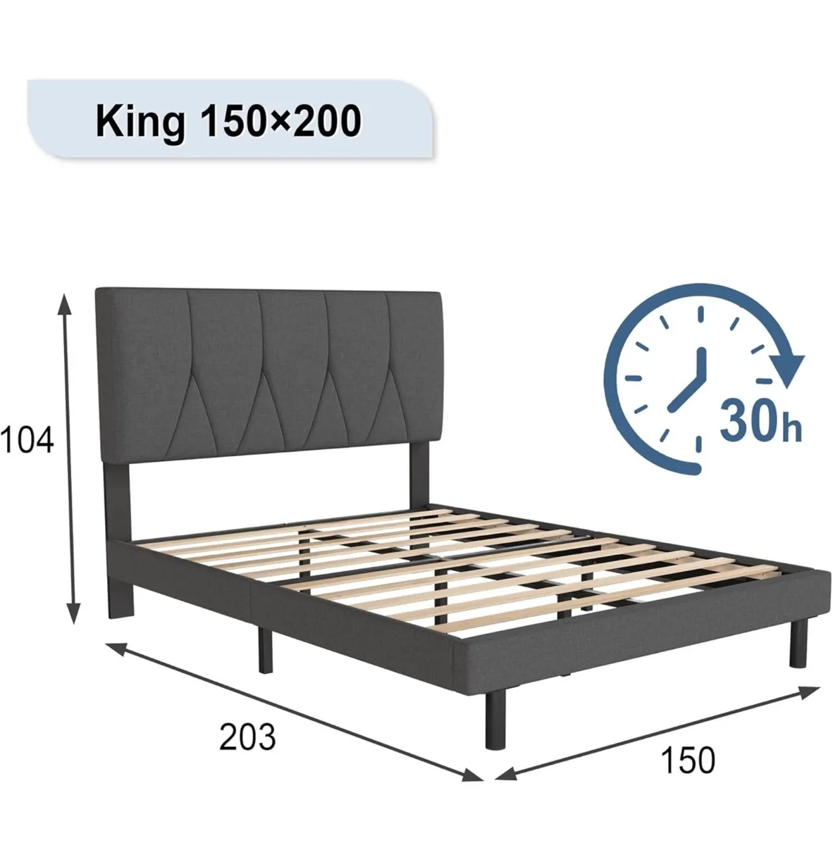 King Bed Frame, Dark Grey, Upholstered Wooden Slat - Image 2