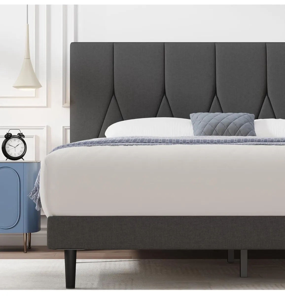 King Bed Frame, Dark Grey, Upholstered Wooden Slat - Image 3