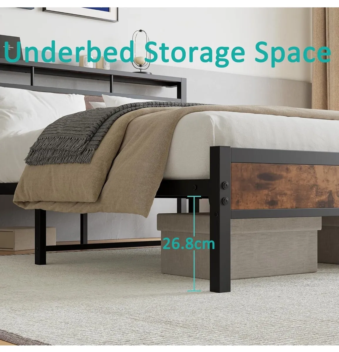 King Bed Frame with Wooden Storage Shelf Headboard - Image 4