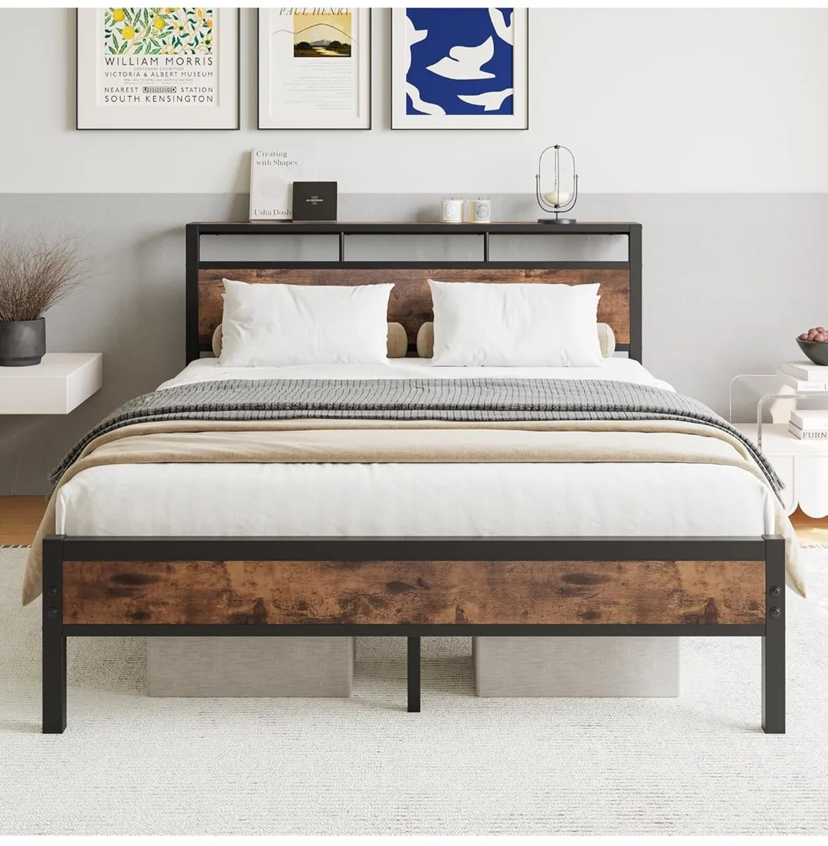 King Bed Frame with Wooden Storage Shelf Headboard - Image 1