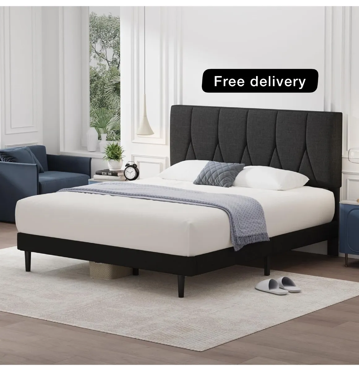 King Bed Frame, Black, Upholstered Wooden Slat Bed - Image 1