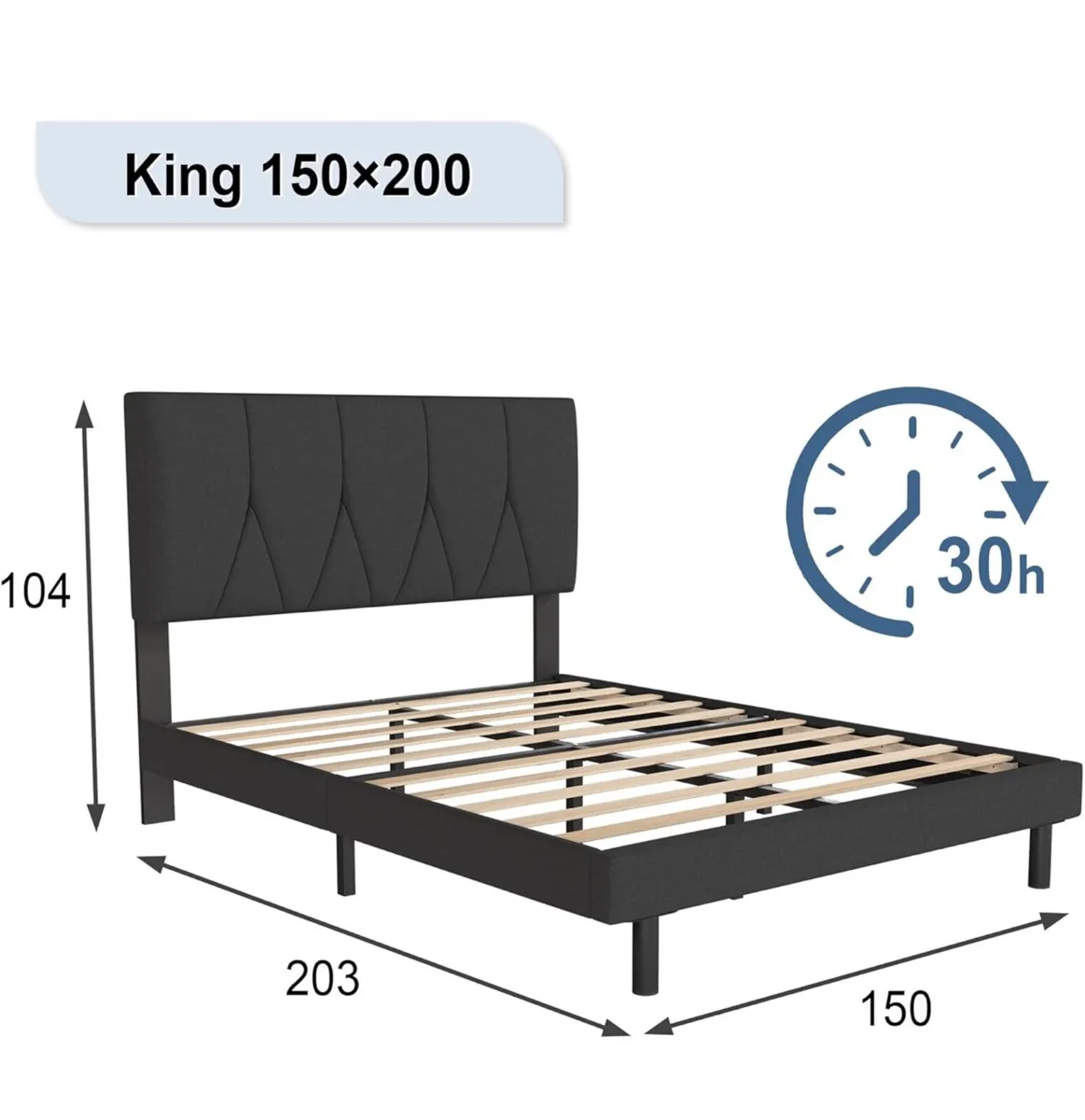 King Bed Frame, Black, Upholstered Wooden Slat Bed - Image 2