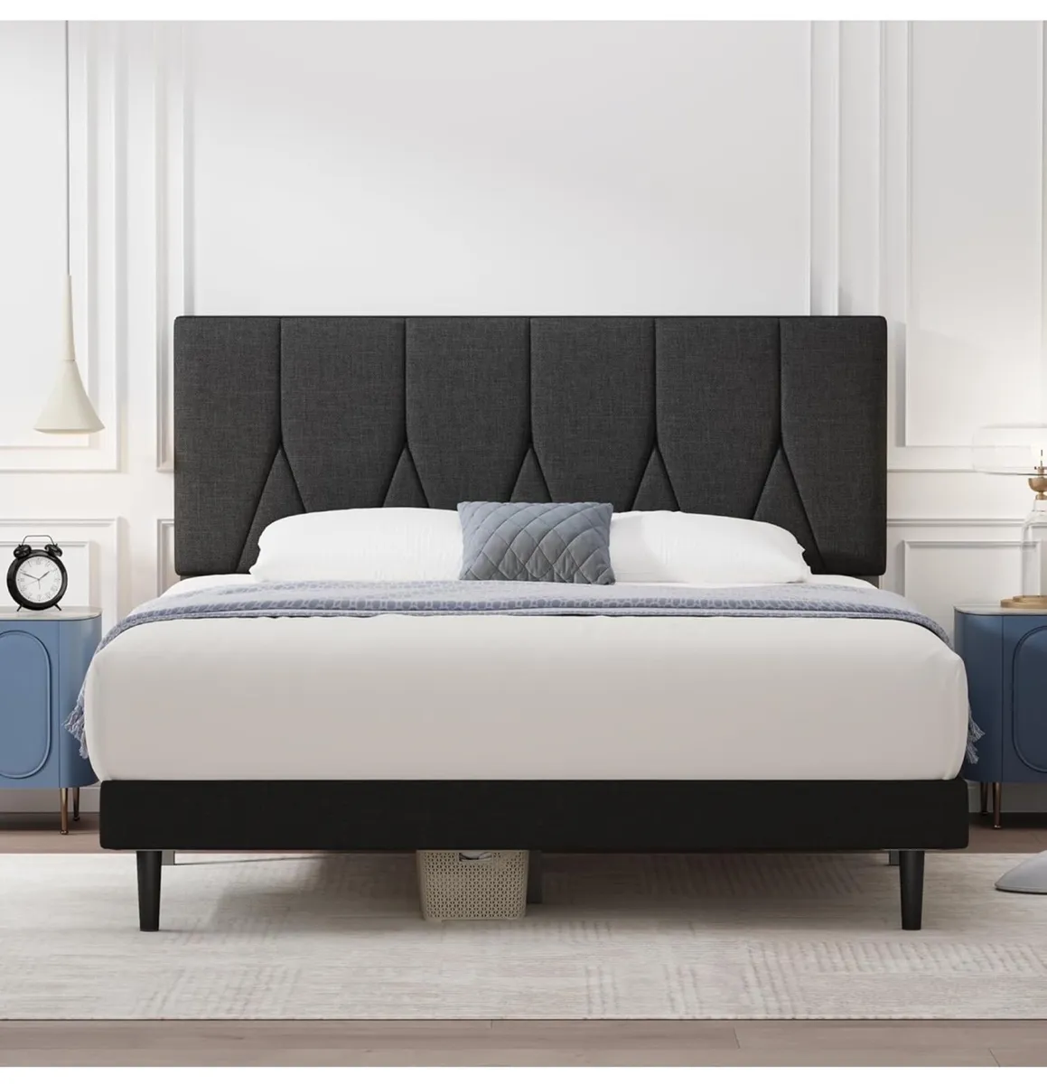 King Bed Frame, Black, Upholstered Wooden Slat Bed - Image 1