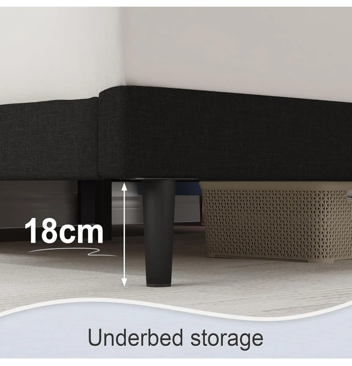 King Bed Frame, Black, Upholstered Wooden Slat Bed - Image 3
