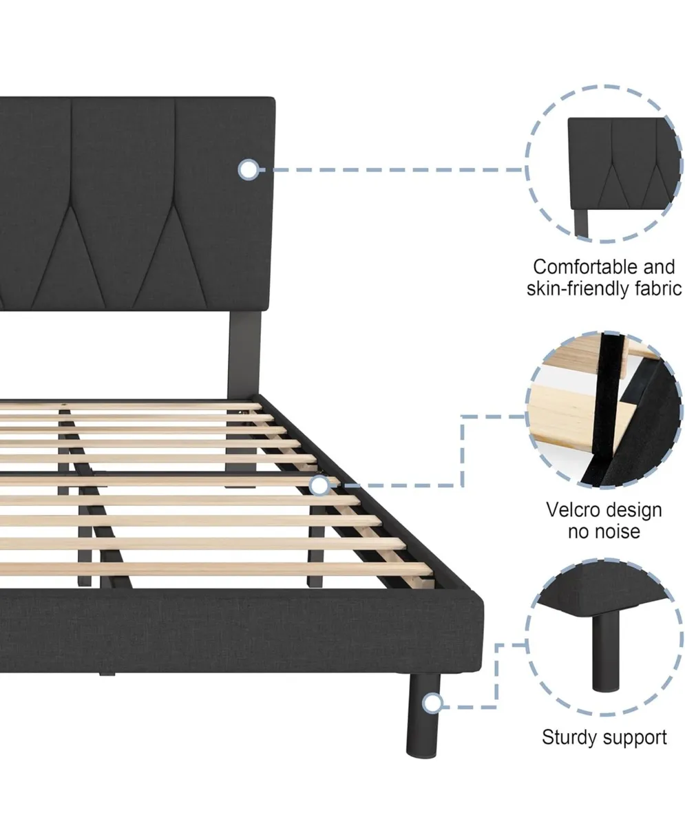 King Bed Frame, Black, Upholstered Wooden Slat Bed - Image 4