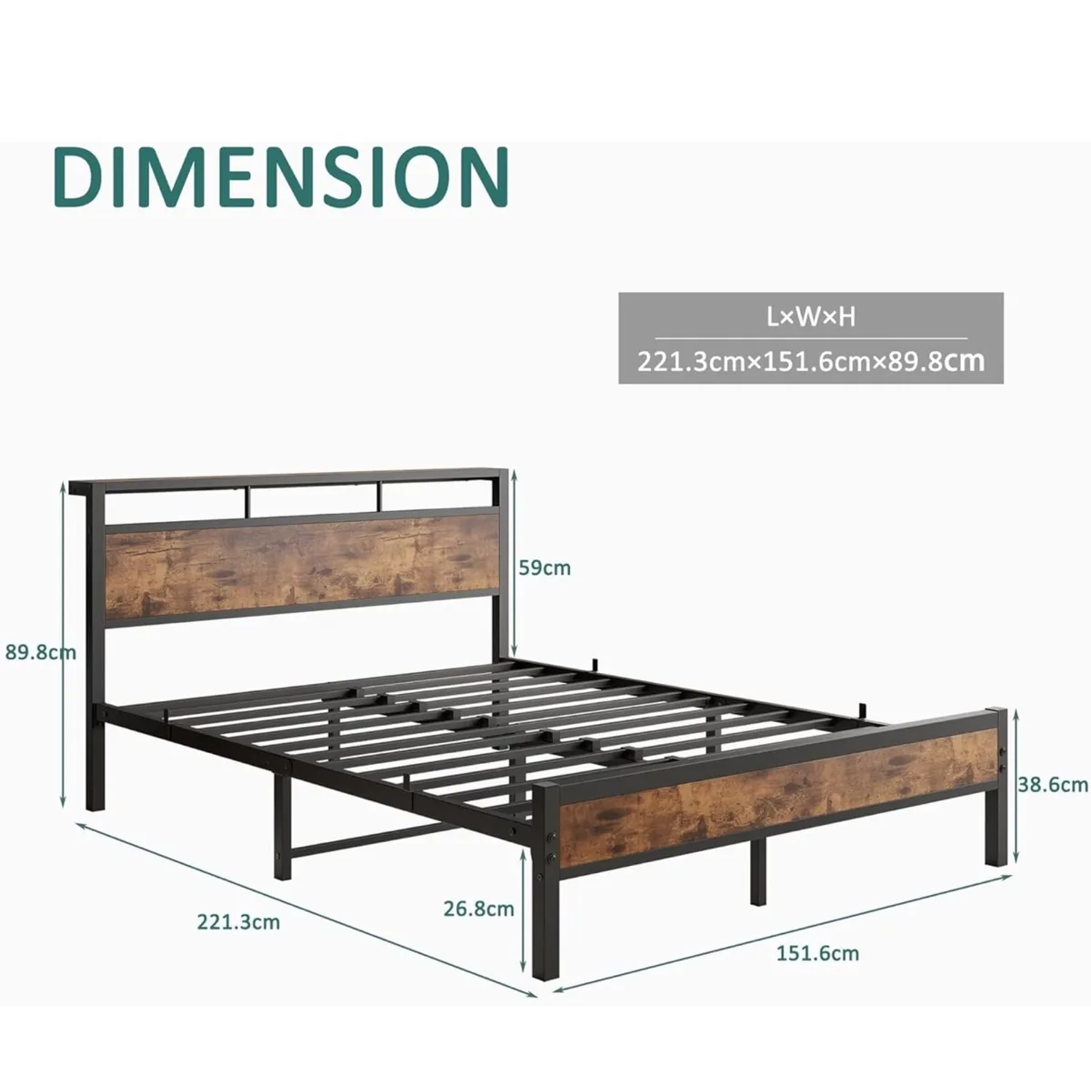 King Bed Frame with Wooden Storage Shelf Headboard - Image 2