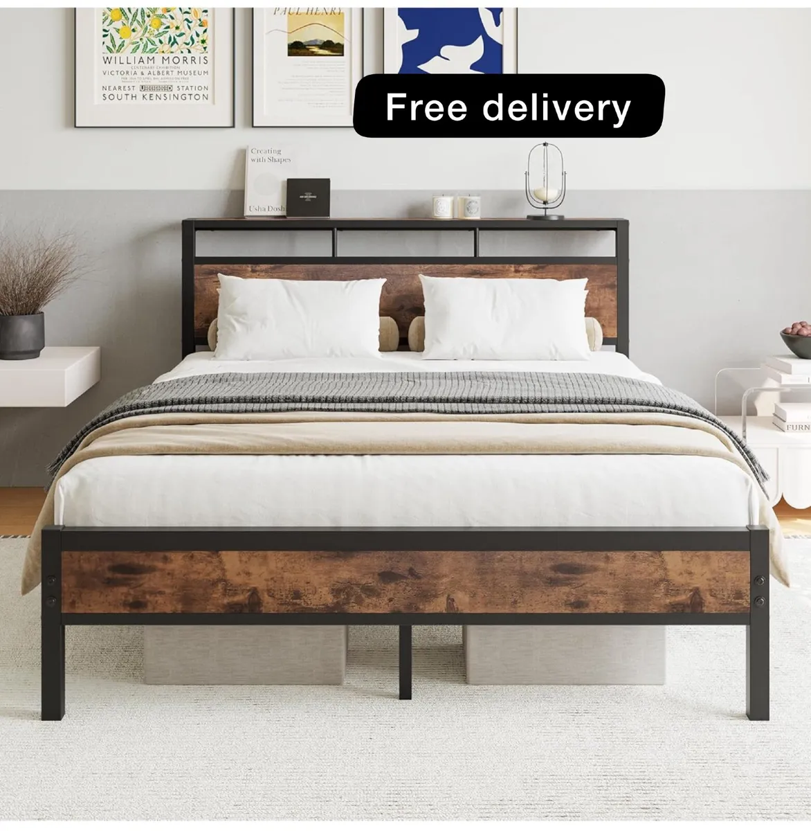 King Bed Frame with Wooden Storage Shelf Headboard - Image 1