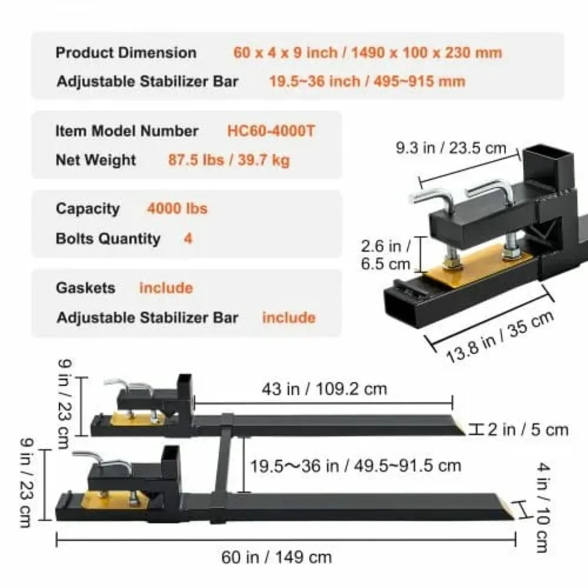 907.2kg Clamp on Pallet Forks, 109.2cm Total Lengt - Image 2