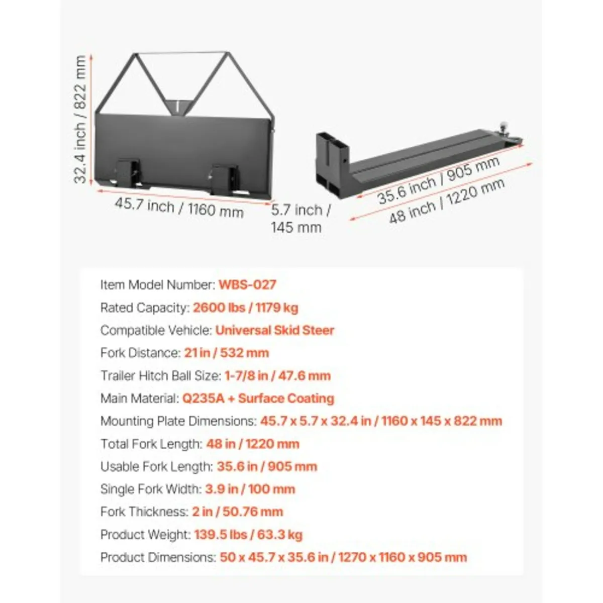 Skid Steer Pallet Forks, 1179 kg Rated Capacity, P - Image 3