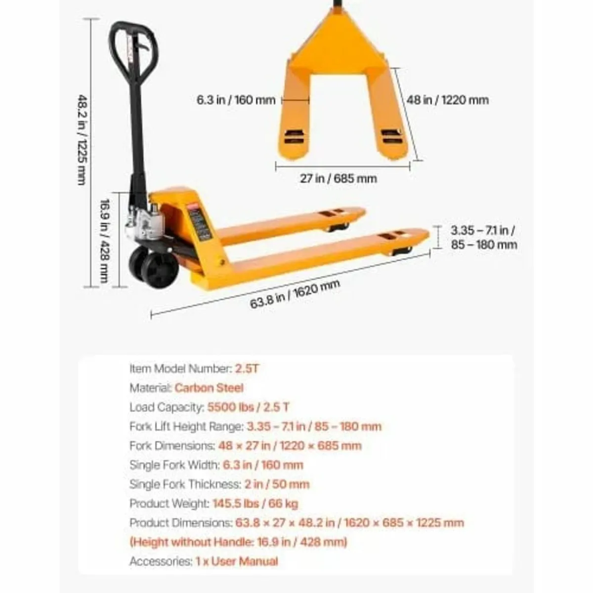 Pallet Jack, 2.5T Load Capacity, Manual Pallet Tru - Image 3