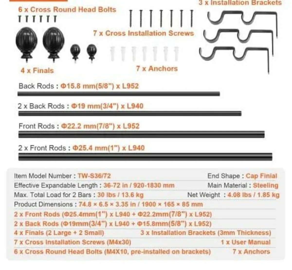 Double Rod Curtain Rods, 91.4-182.9 cm Adjustable - Image 2