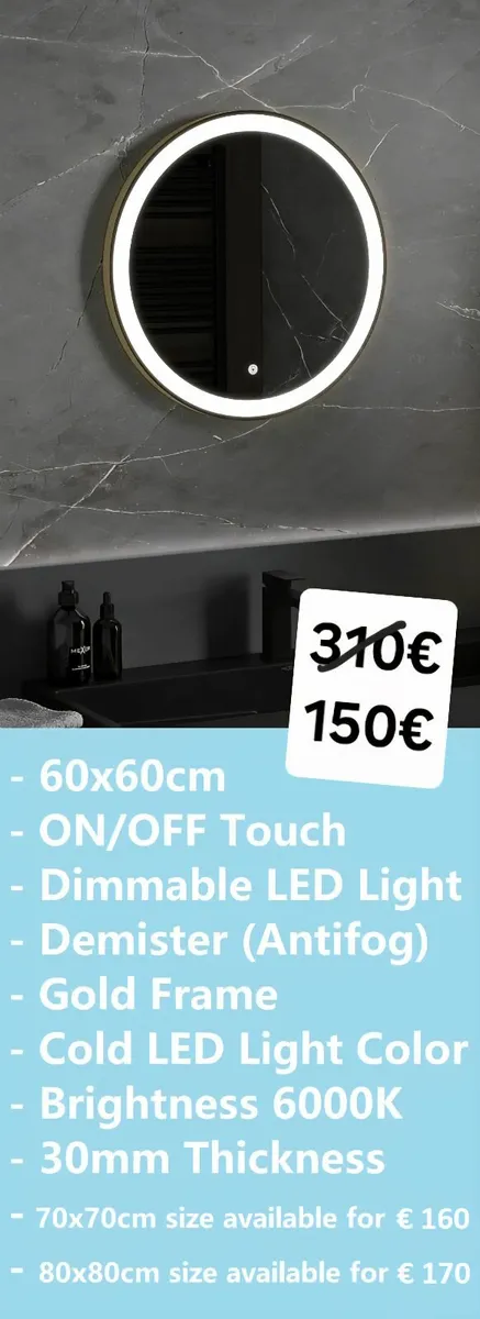 LED Bathroom Mirror Gold Frame Antifog - Image 1