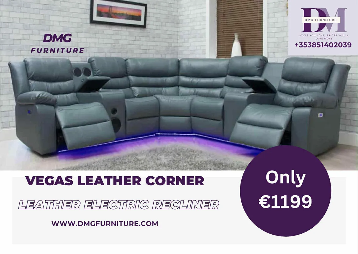 New Vegas Grey Leather Electric Corner Sofa - Image 1