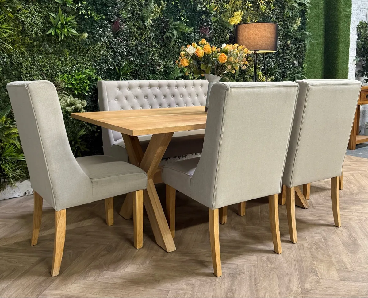 Oak kitchen table, sofa bench & 4 chairs - Image 1