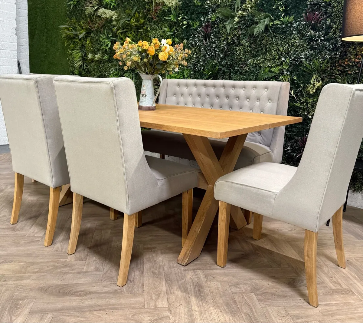 Oak kitchen table, sofa bench & 4 chairs - Image 2
