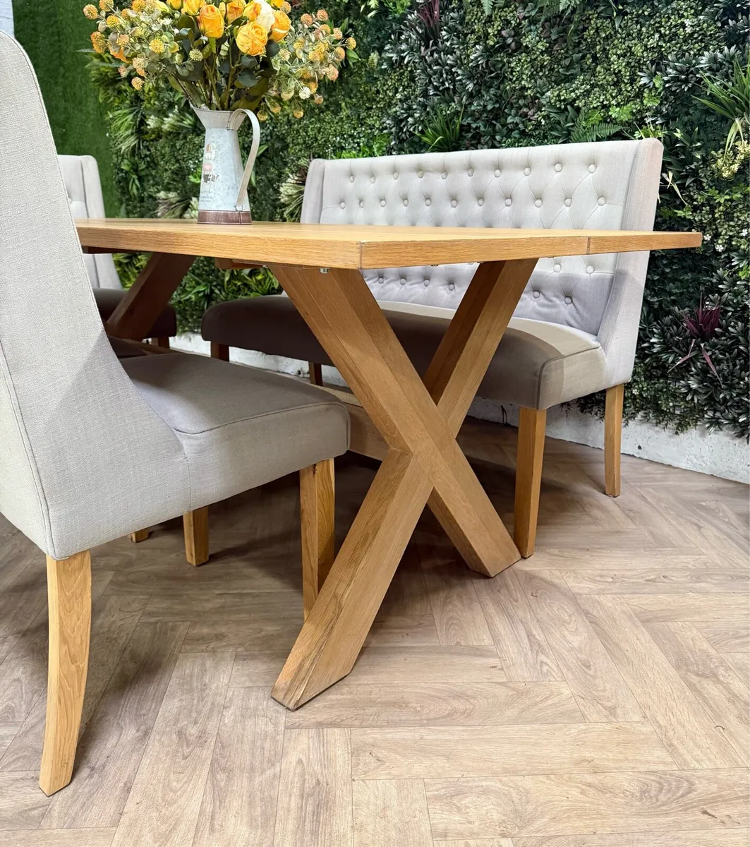 Oak kitchen table, sofa bench & 4 chairs - Image 4