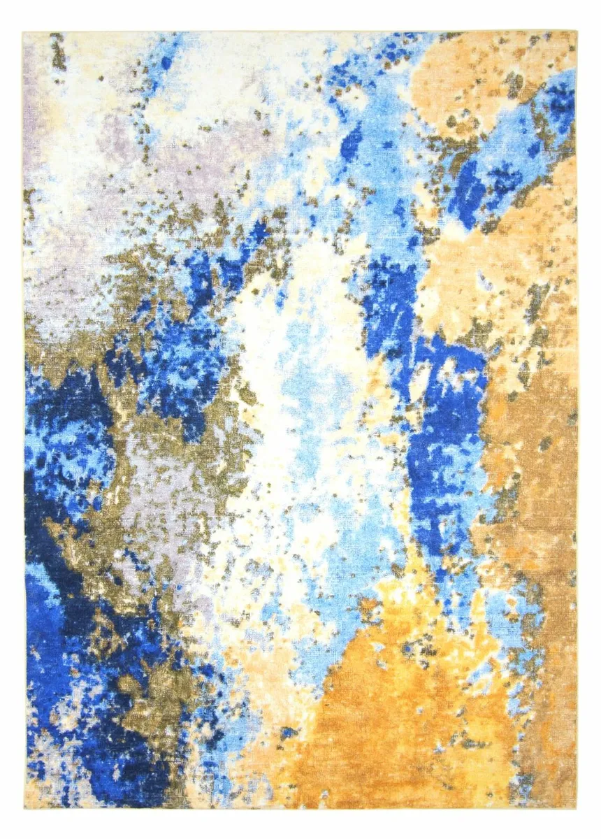 Abstract Rug Blue Yellow Beige Multicolour Soft Po - Image 2