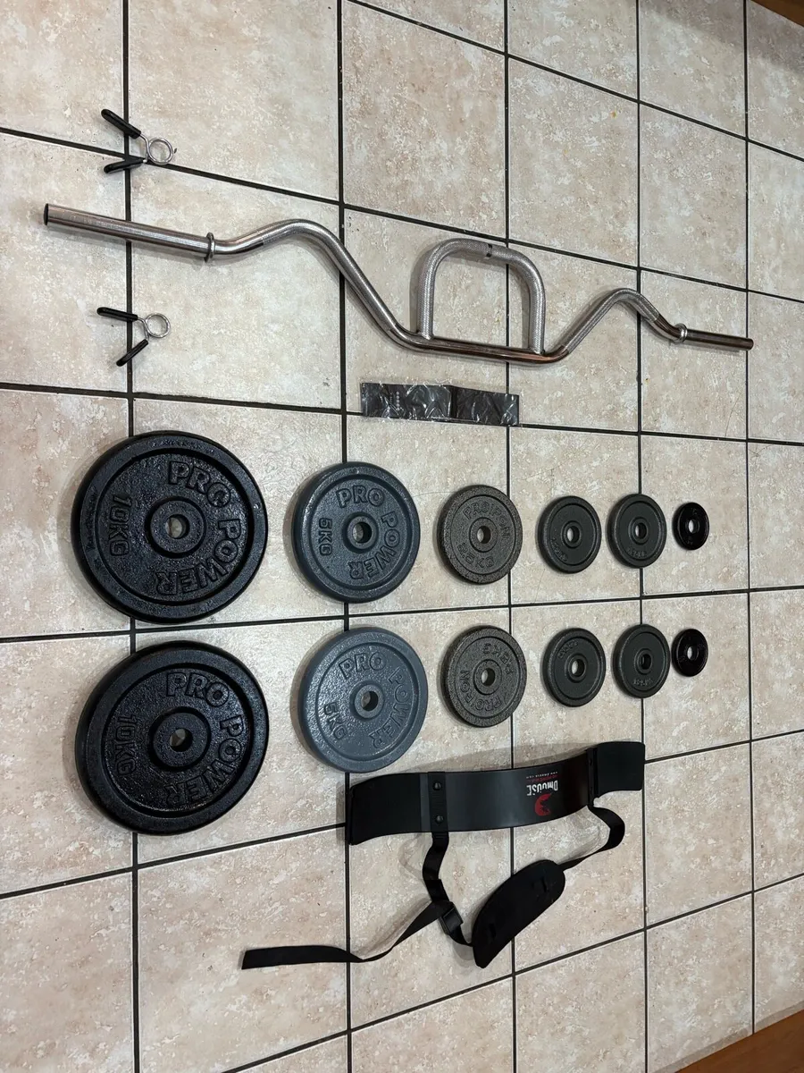 BICEP ARM BLASTER BELTS, CURL BAR, METAL WEIGHTS!! - Image 1