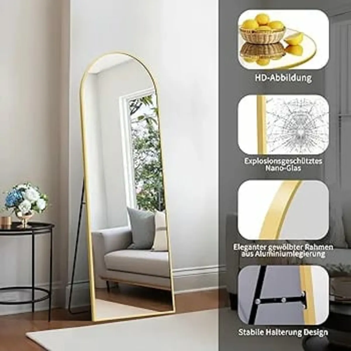 Full Length Mirror, 150 x 40 cm, Gold Curved Stand - Image 3