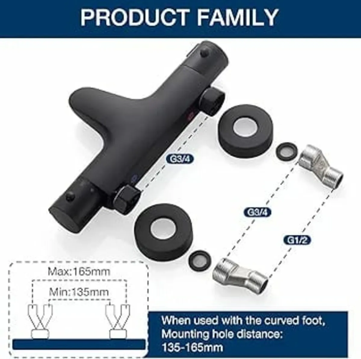 Thermostatic Bath Tap, Black, Shower Fitting, Ther - Image 4