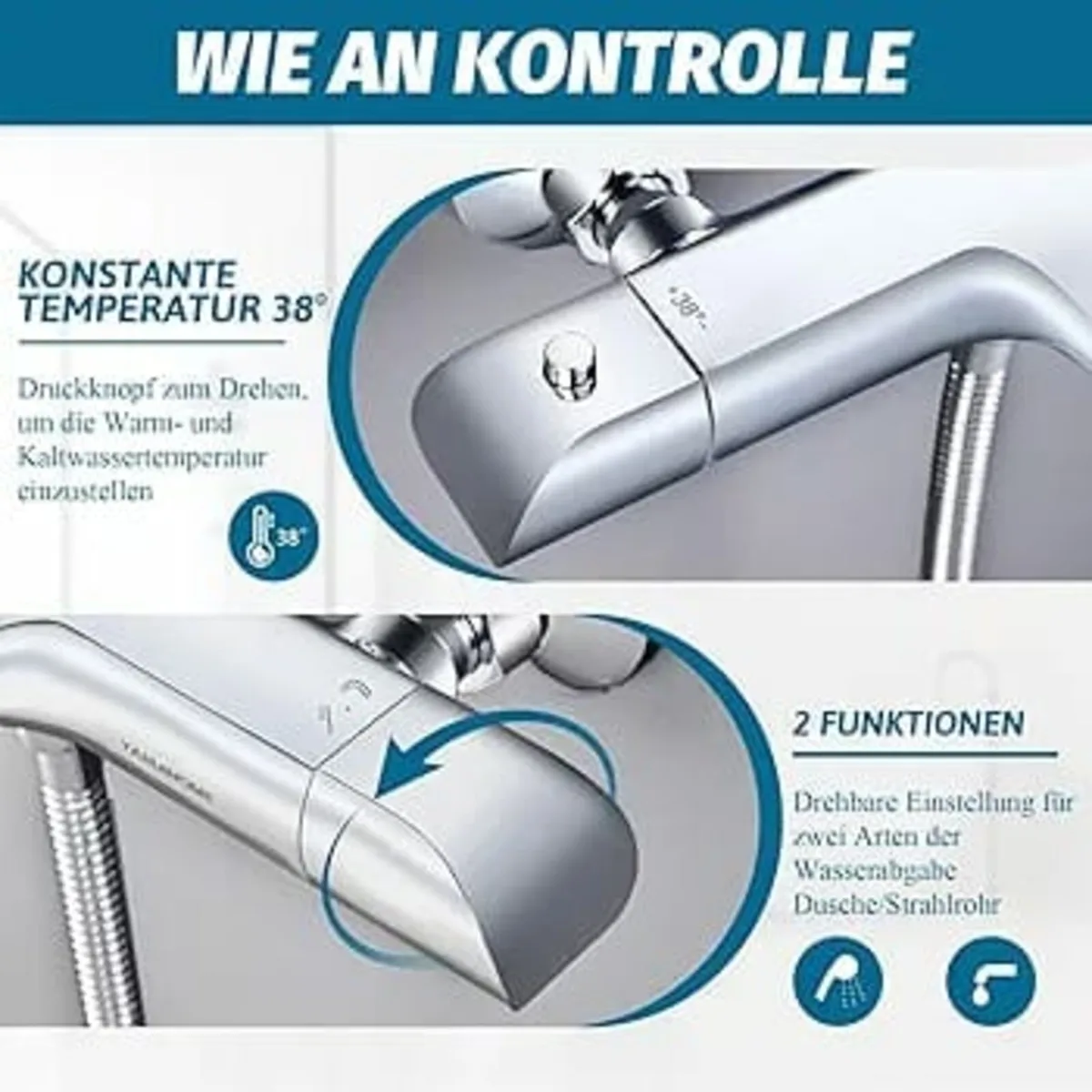 Bath Tap with Hand Shower, Chrome with Anti-scald - Image 4