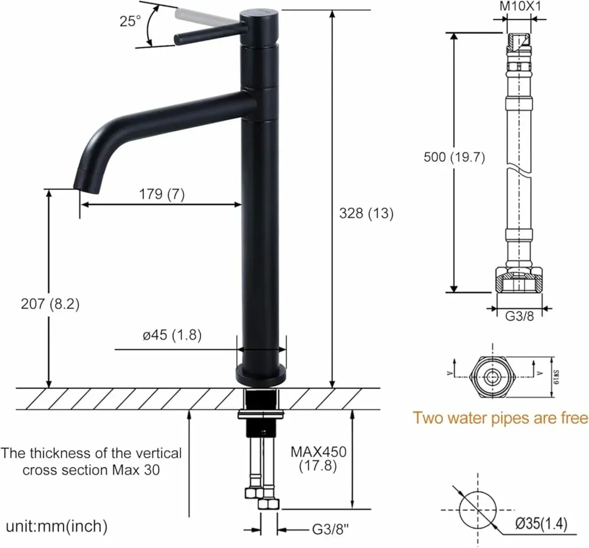 Tap, High Pressure Washbasin Tap 207 mm High Coppe - Image 3