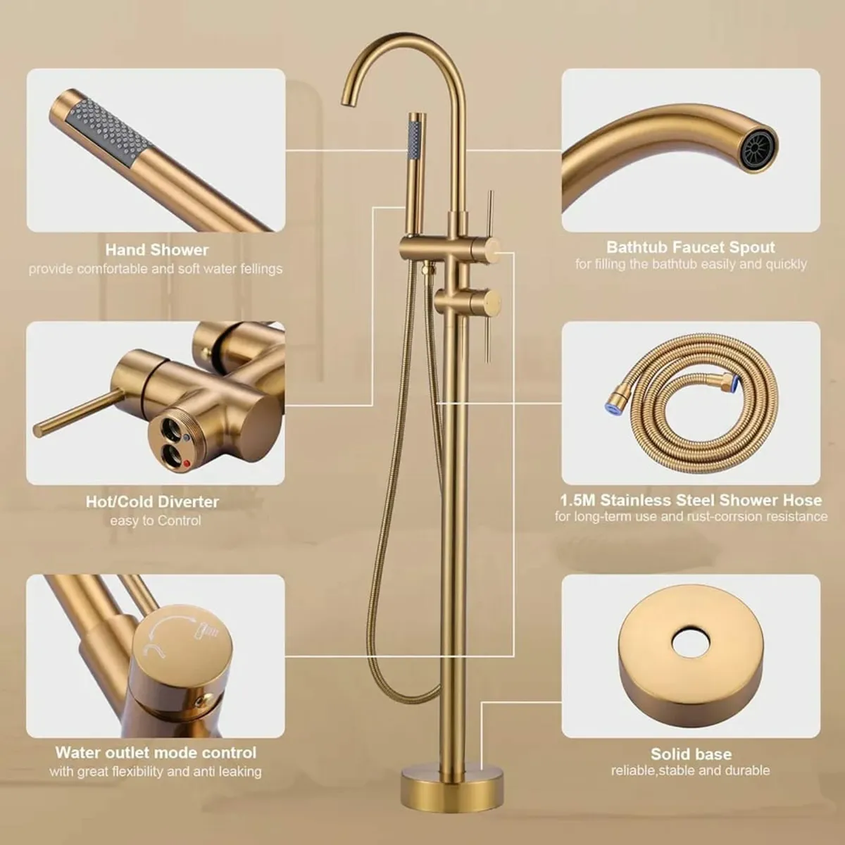 ARCORA Freestanding Bath Faucet, Copper Stainless - Image 3