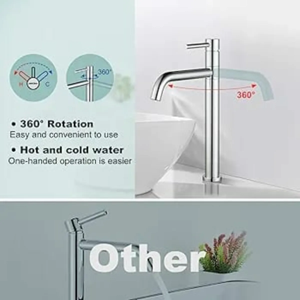 Bathroom Tap High Wash Basin Mixer Tap 360° Swivel - Image 4