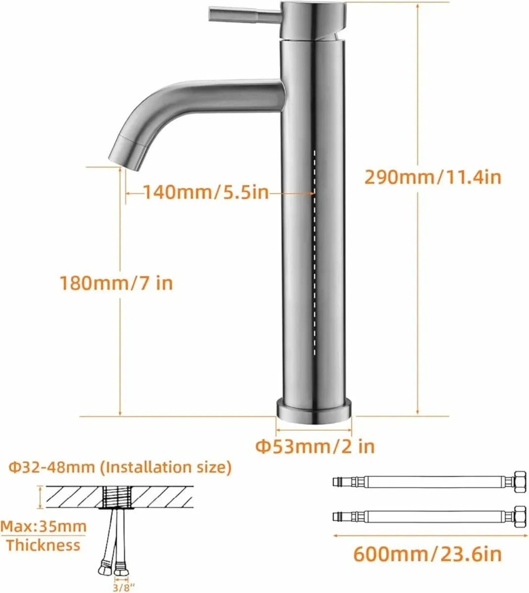 Bathroom Tap, Stainless Steel High Basin Tap, Hot - Image 2