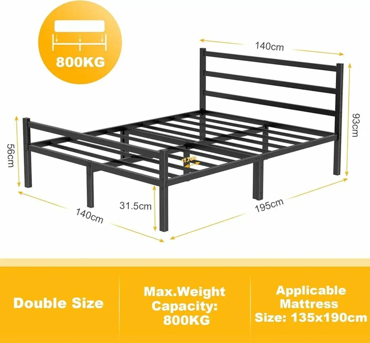 Double Bed Frames with Headboard 4ft6 Black Metal - Image 3