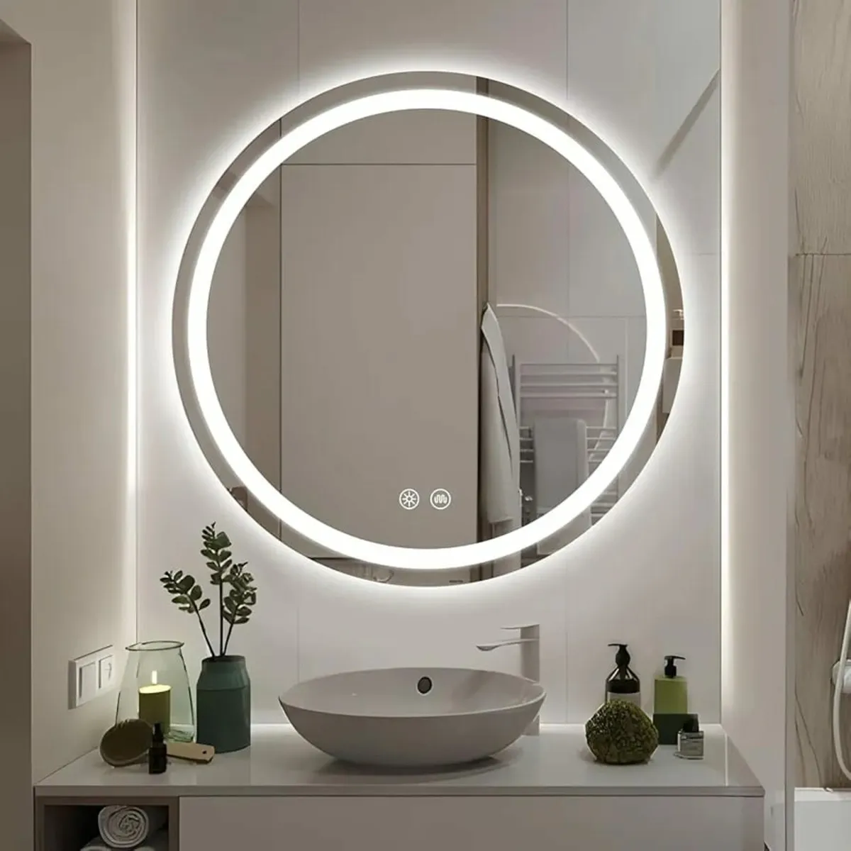 Round LED Bathroom Mirror, 600mm Reinforced Glass, - Image 1