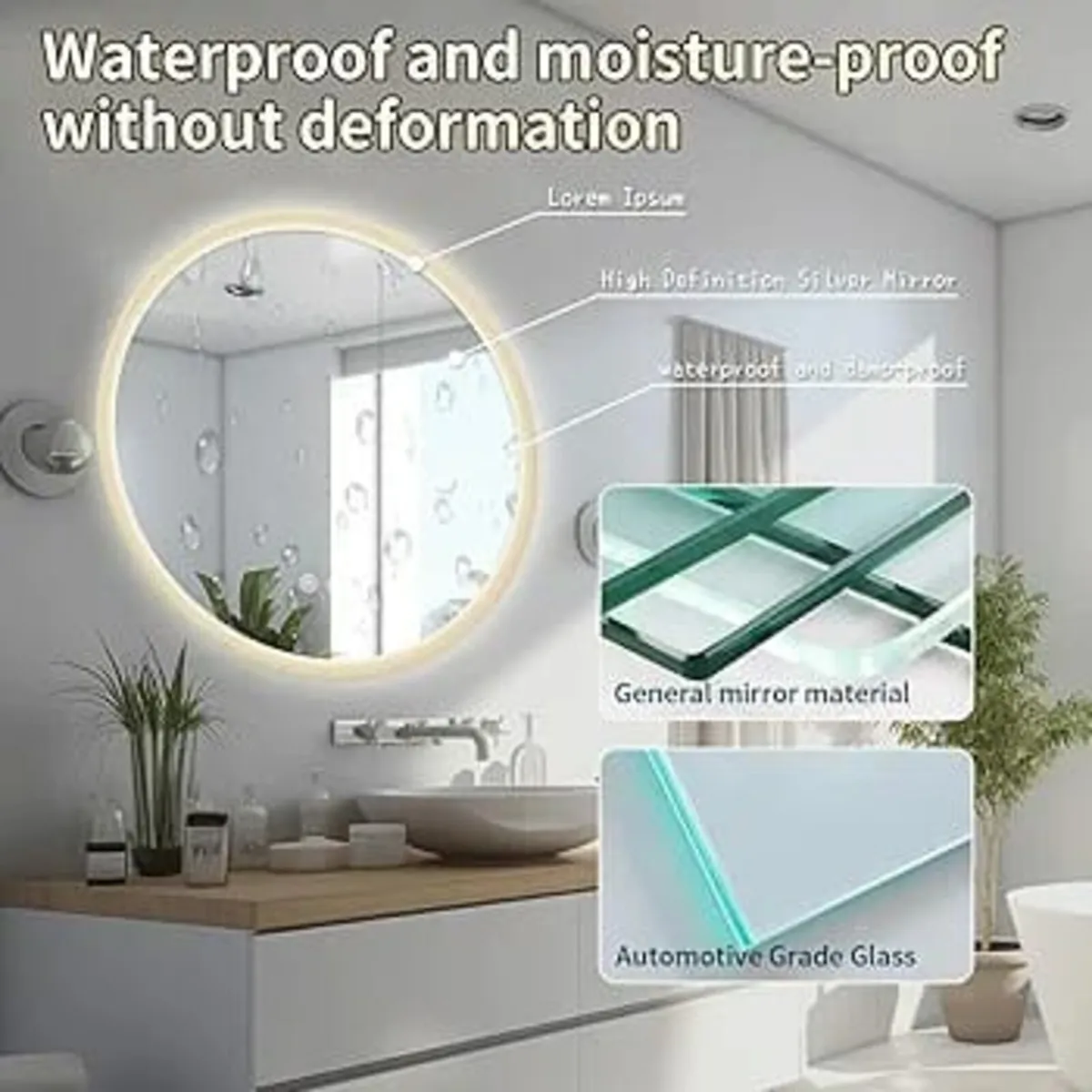 Round LED Bathroom Mirror, 600mm Reinforced Glass, - Image 2