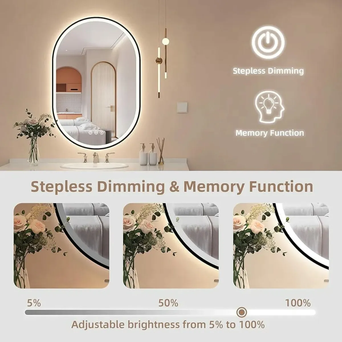 900x600 mm Oval-Bathroom-Mirror-with-LED-Lights, L - Image 3