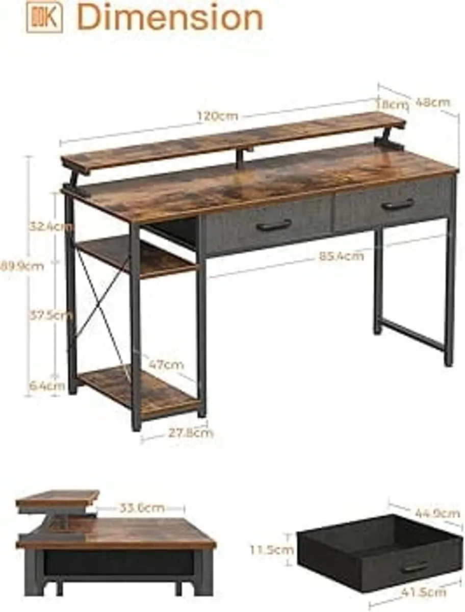 Desk with Drawers, 120 x 48 cm Office Desk with St - Image 3
