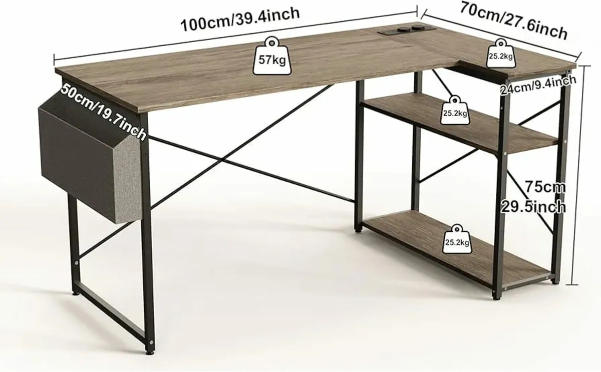 L Shaped Desk with Power Outlets - 100x70 cm Corne - Image 2