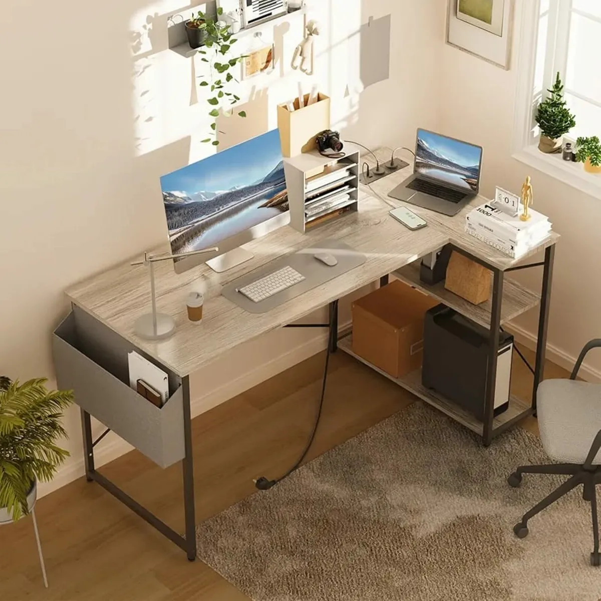 L Shaped Desk with Power Outlets - 100x70 cm Corne - Image 3