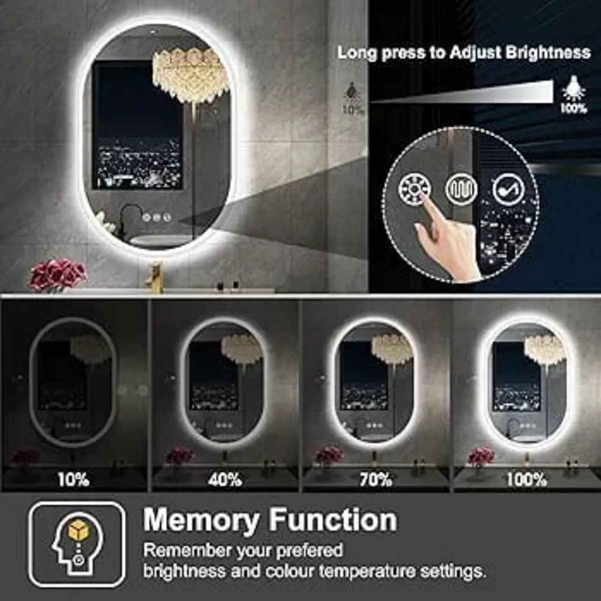 Oval Bluetooth Bathroom Mirror with LED Lights 600 - Image 2