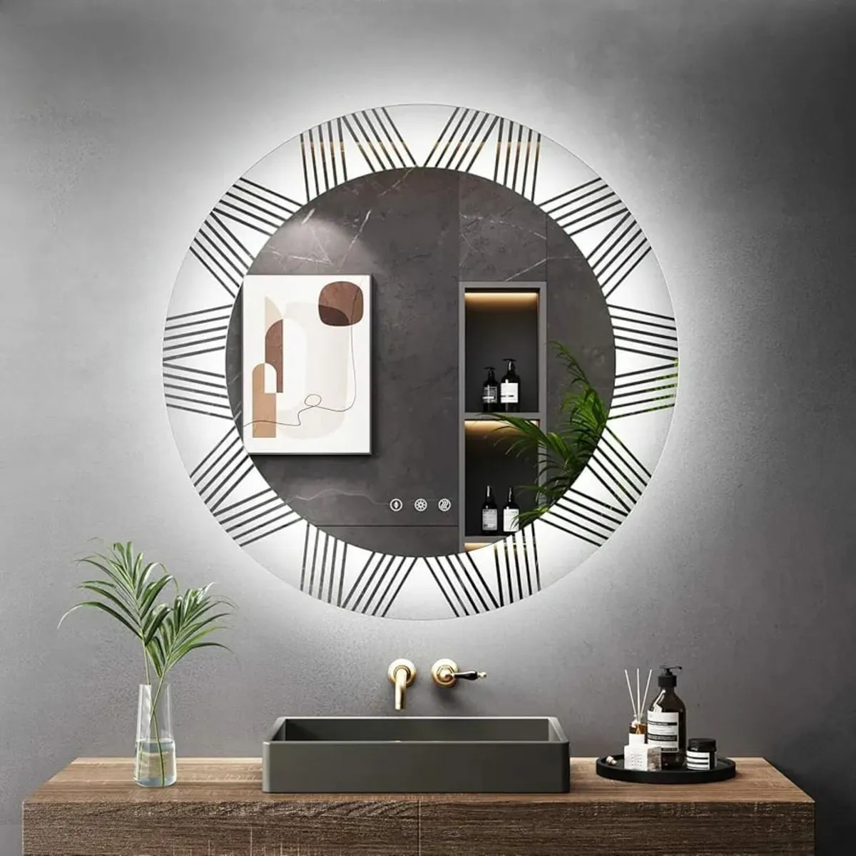700mm Round LED Bathroom Mirror, Patterned Circle - Image 1