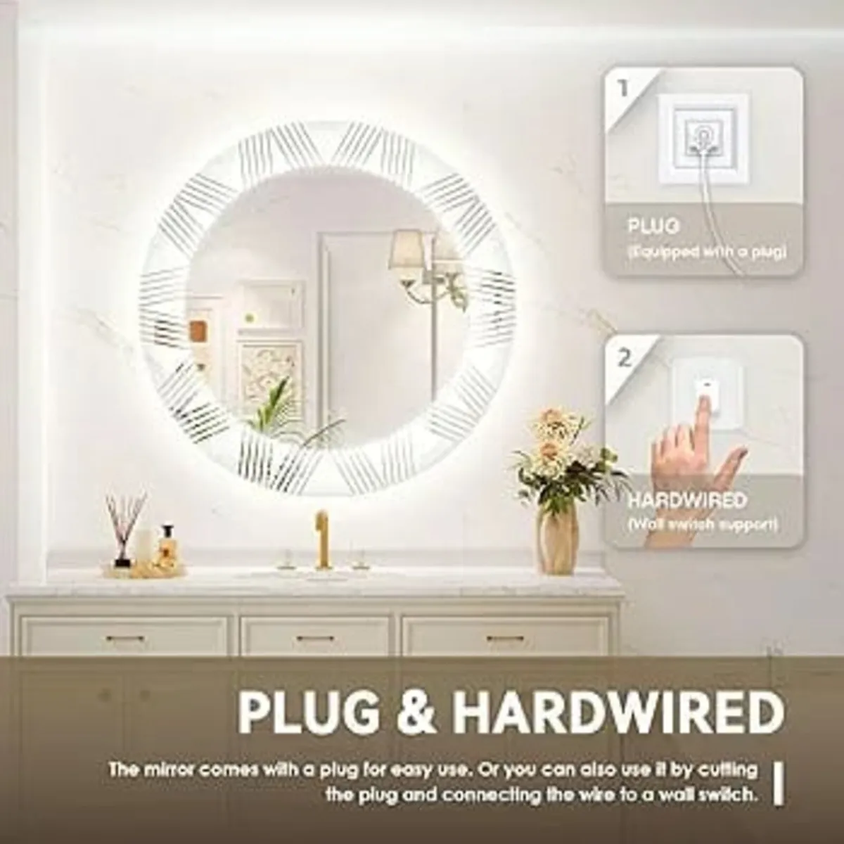 700mm Round LED Bathroom Mirror, Patterned Circle - Image 4
