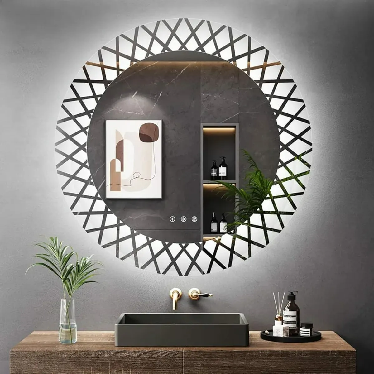 Dripex 800mm Round LED Bathroom Mirror, Patterned - Image 1