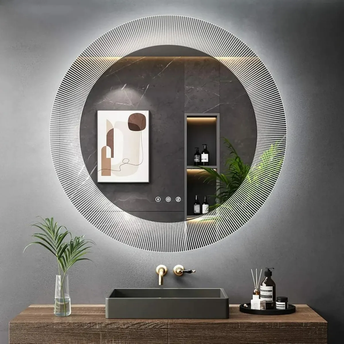 800mm Round LED Bathroom Mirror, Patterned Circle - Image 1