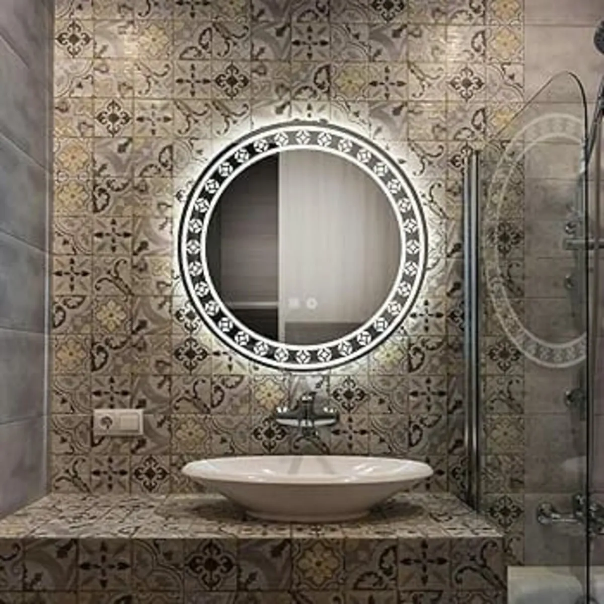 Patterned 500mm Round Bathroom Mirror Wall Mounted - Image 2