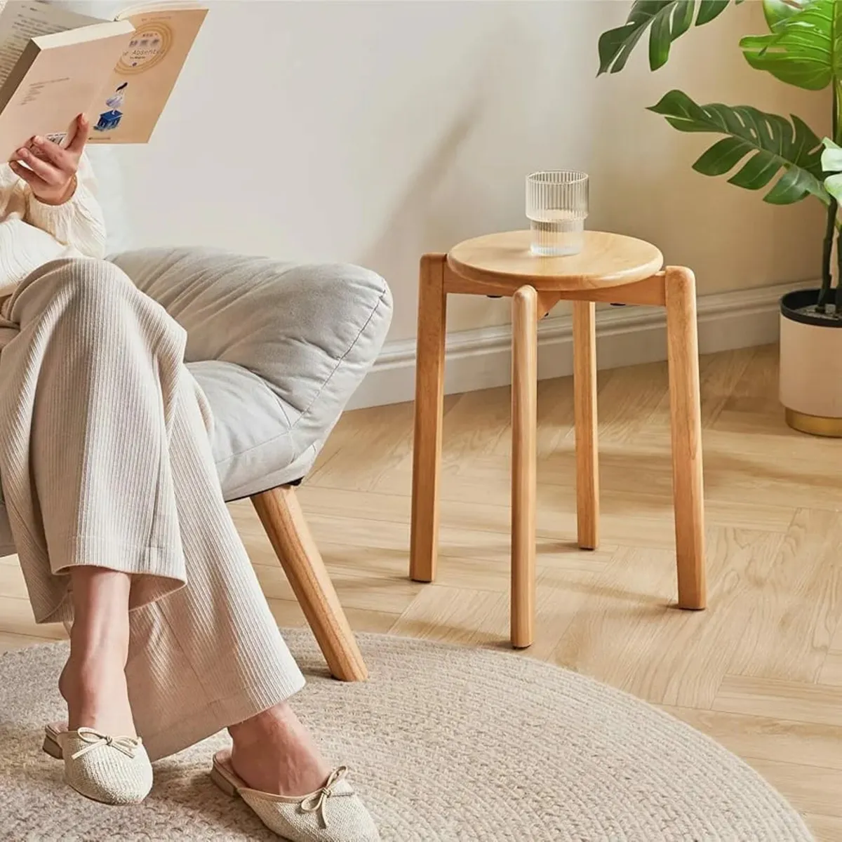 YMYNY 4pcs Solid Wood Round Stool, Shoes change St - Image 4