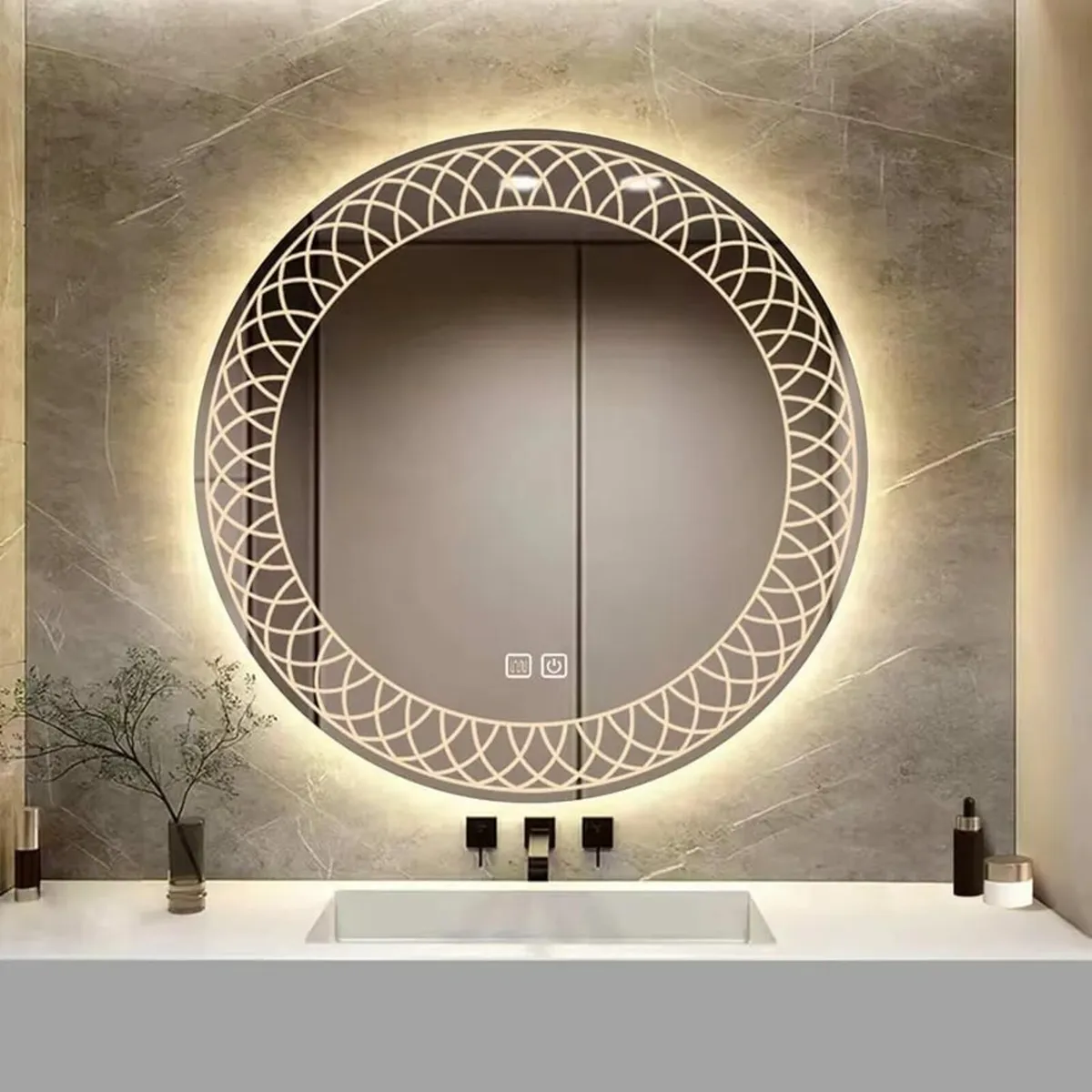 Patterned Round Bathroom Mirror Wall Mounted with - Image 1
